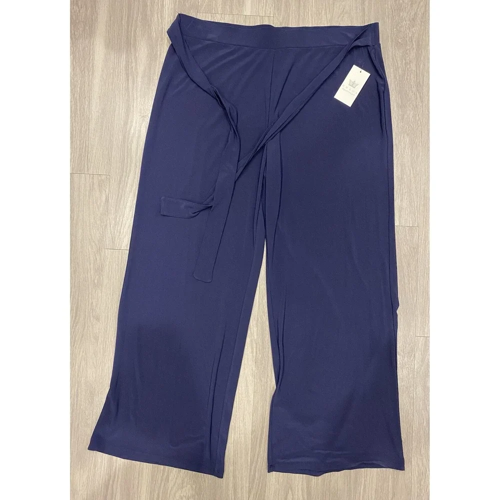 Chaus Womens Performance Stretch Wide Leg Belted Pants XL‎ Navy Blue New NWT $59